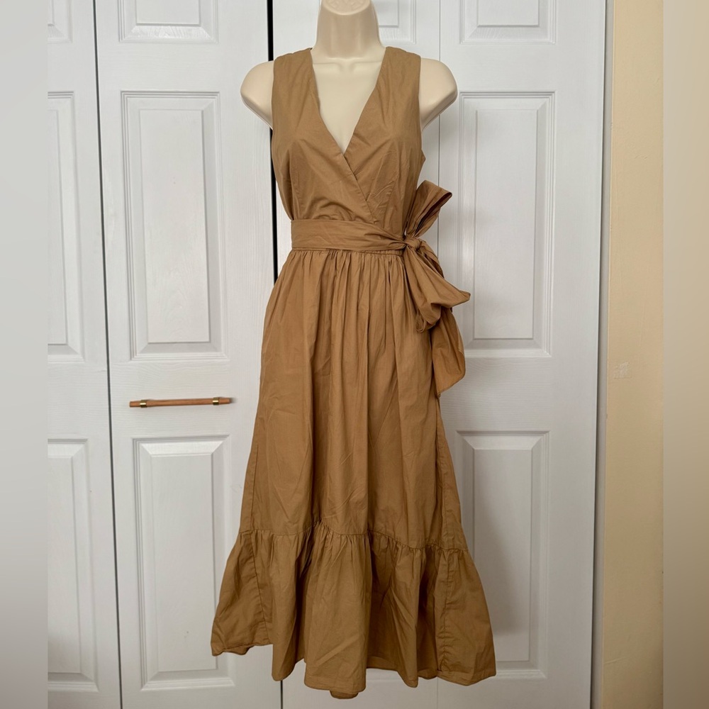 J. Crew Faux Wrap Cotton Poplin Dress In Camel - Picture 8 of 11